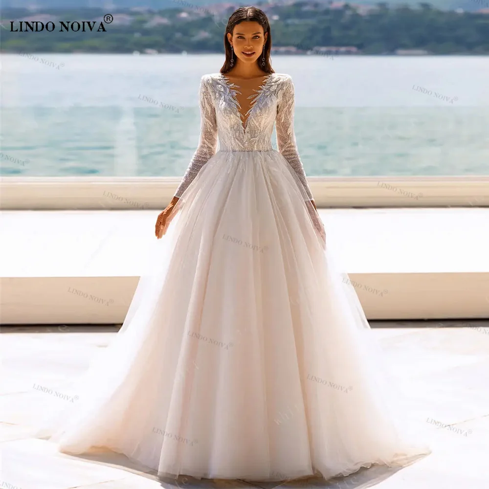 

LINDO A-Line Wedding Dresses for Woman Wedding Guest Gown with Sleeves Sparkly Appliques Bridesmaid Dress vestidos de noiva