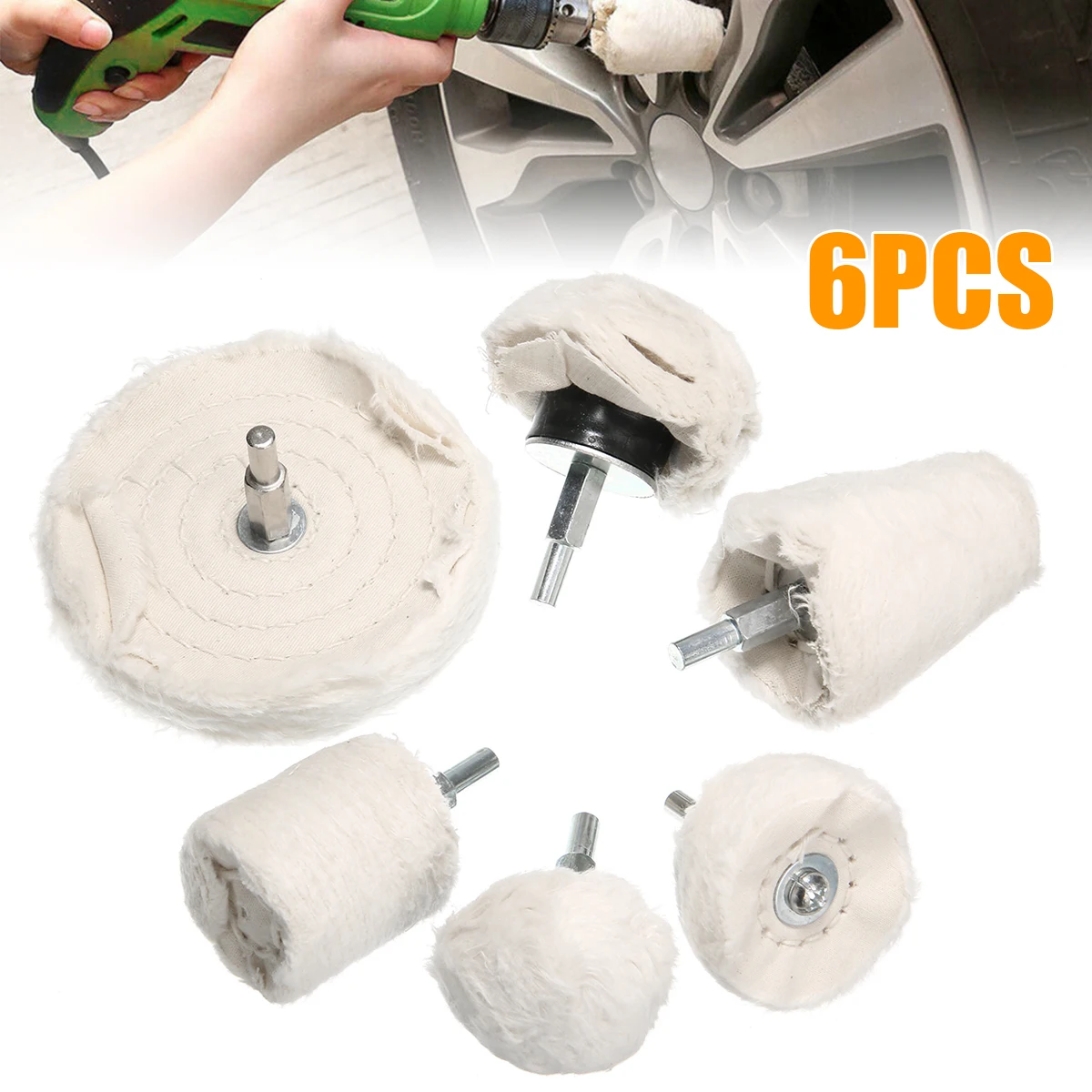 6Pcs Car Polishing Buffing Mop Drill Kit Waxed Cloth Cotton Polishing