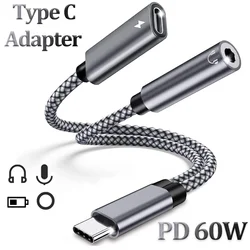 New 2 in 1 USB Type C to 3.5mm Headphone Audio Aux jack Adapter PD 60W Fast Charging Cable for Samsung Huawei Xiaomi Macbook