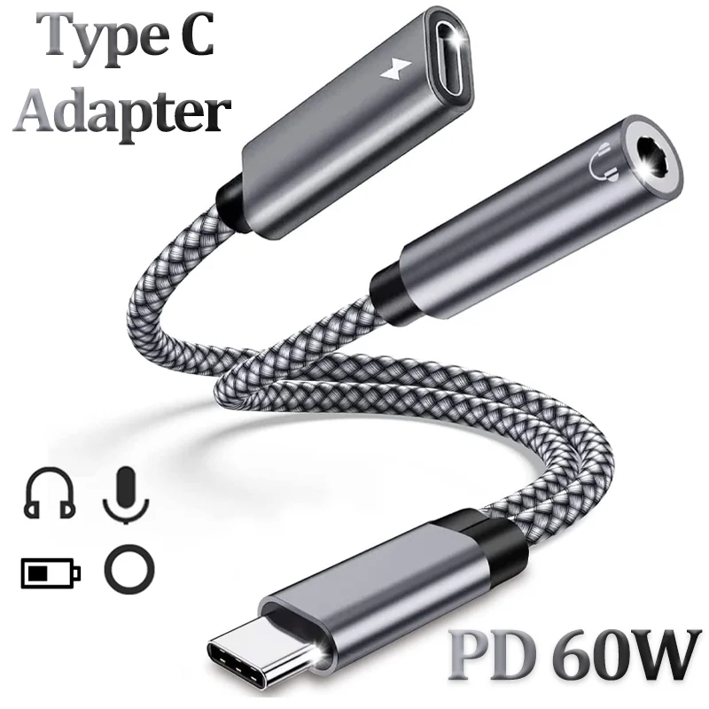 USB C타입 헤드폰 오디오 Aux 잭 어댑터, PD 60W 고속 충전 케이블, 삼성 화웨이 샤오미 맥북용, 2 in 1, 3.5mm, 신제품