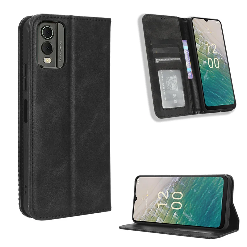 Custodia Portafoglio In Pelle PU Per Nokia C32 4G: Cover Con Supporto, Slot Carte E Cinturino Da Polso, Blu Scuro