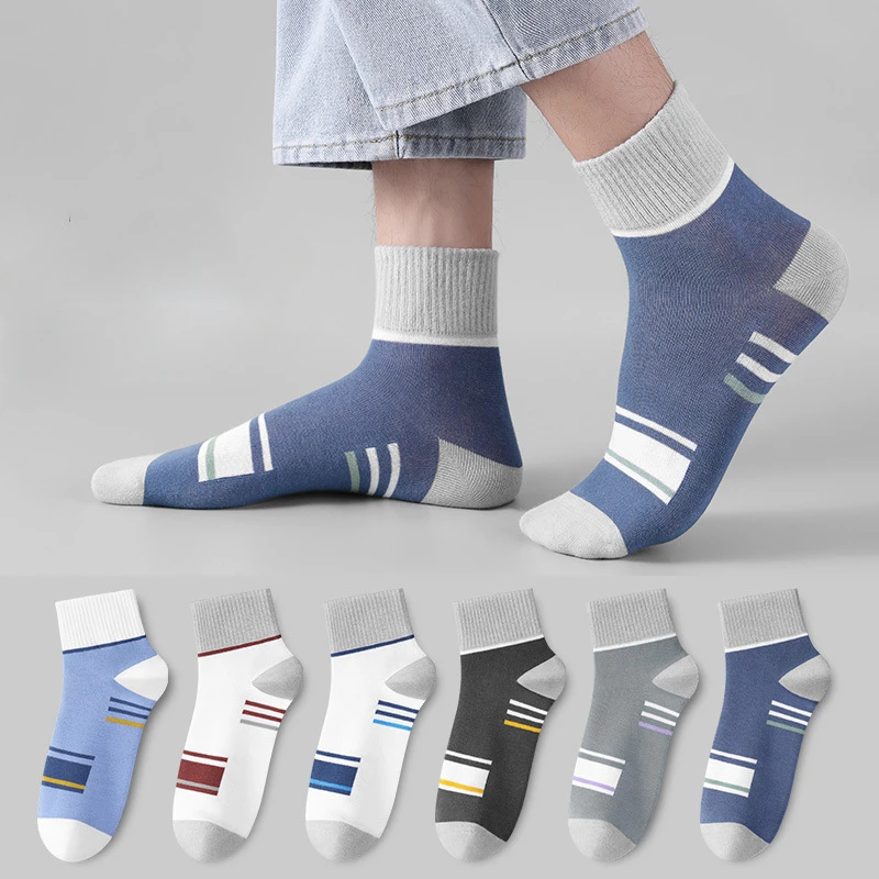 5 Pairs Mens Sports Polyester Socks Comfortable Thin Mid Tube Breathable Autumn And Spring Business Casual Crew Soft Long Sock 5 pairs men crew socks new autumn winter business retro rhombus dot stripe patchwork cotton casual sports breathable man sock