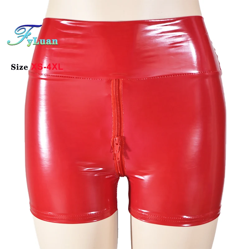 Red Shine PU Double Zipper Women Shorts Butt Lift Slim Shorts Vintage High Waist Elastic Tights Pants Pole Dance Clubwear