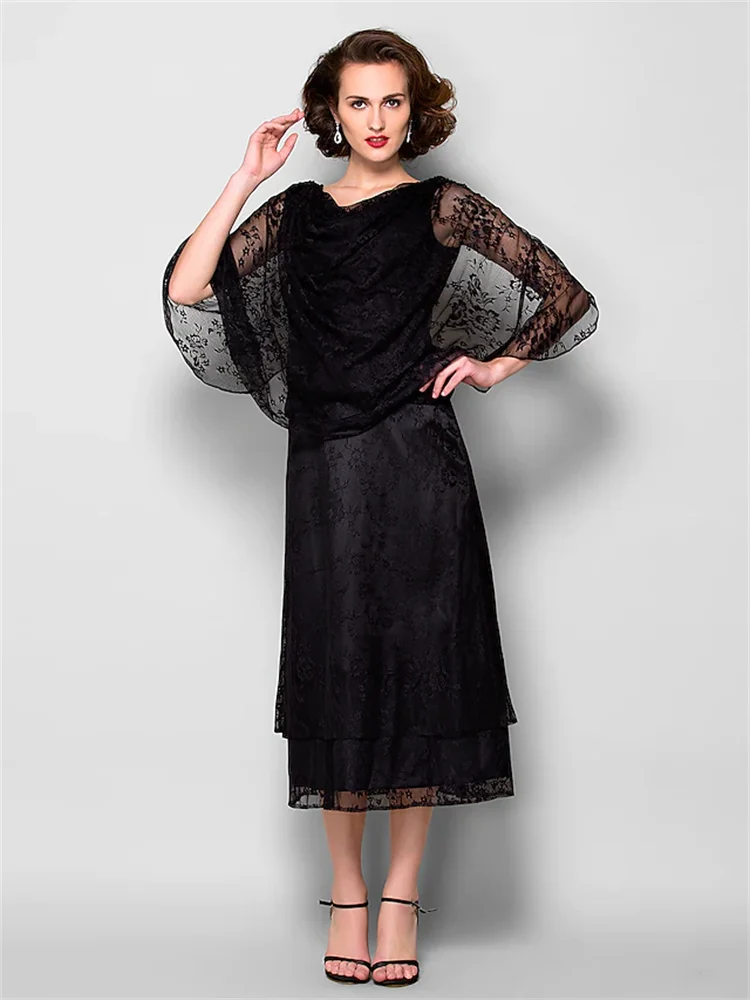 

Sheath / Column Mother of the Bride Dress Wrap Included Cowl Neck Tea Length Lace Half Sleeve with Beading Appliques 2023