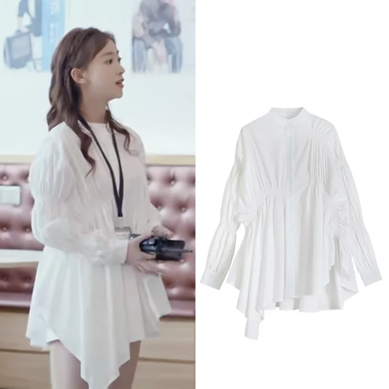 

Wu Jinyan, a young fish in the youth chapter, the same white shirt dress, women's new 2023 long-sleeved irregular hem