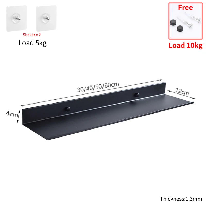 Punch Free Floating Shelves for Wall Storage Self-adhesive Rack 20-50cm Kitchen Home Decor Bathroom Accessorie Modern Matt Black