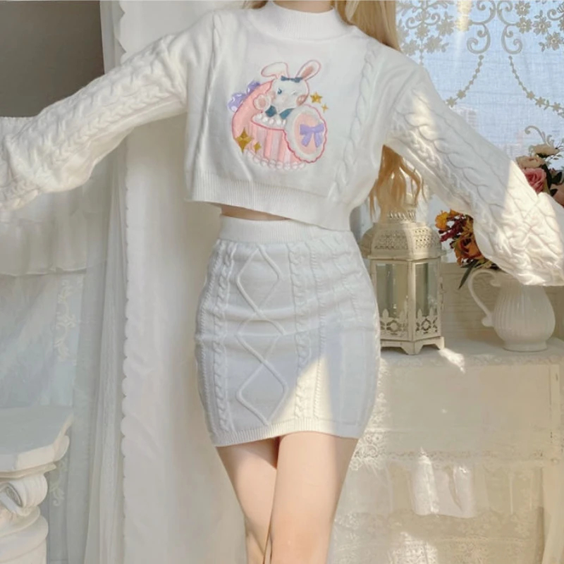 Women Knitted Lolita Sets O-Neck Long Sleeve Casual Crop Tops Kawaii Bunny Embroidery Sweaters Mini Knitted Twist Skirts Suits