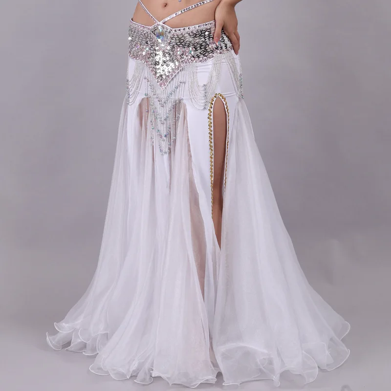 NewSexyshinningrhinestonesBellyDanceCostumeSkirtsDoubleSplit