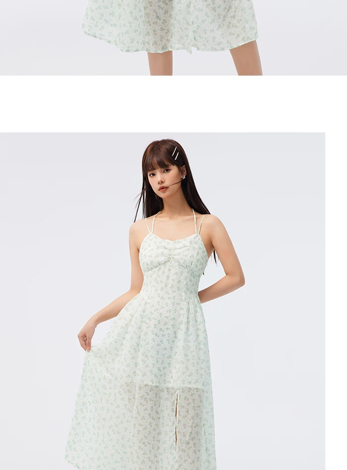 Vestido de mujer de gasa con tirantes altos y abertura, vestido de verano nuevo, vestido ajustado con flores fragmentadas, suave