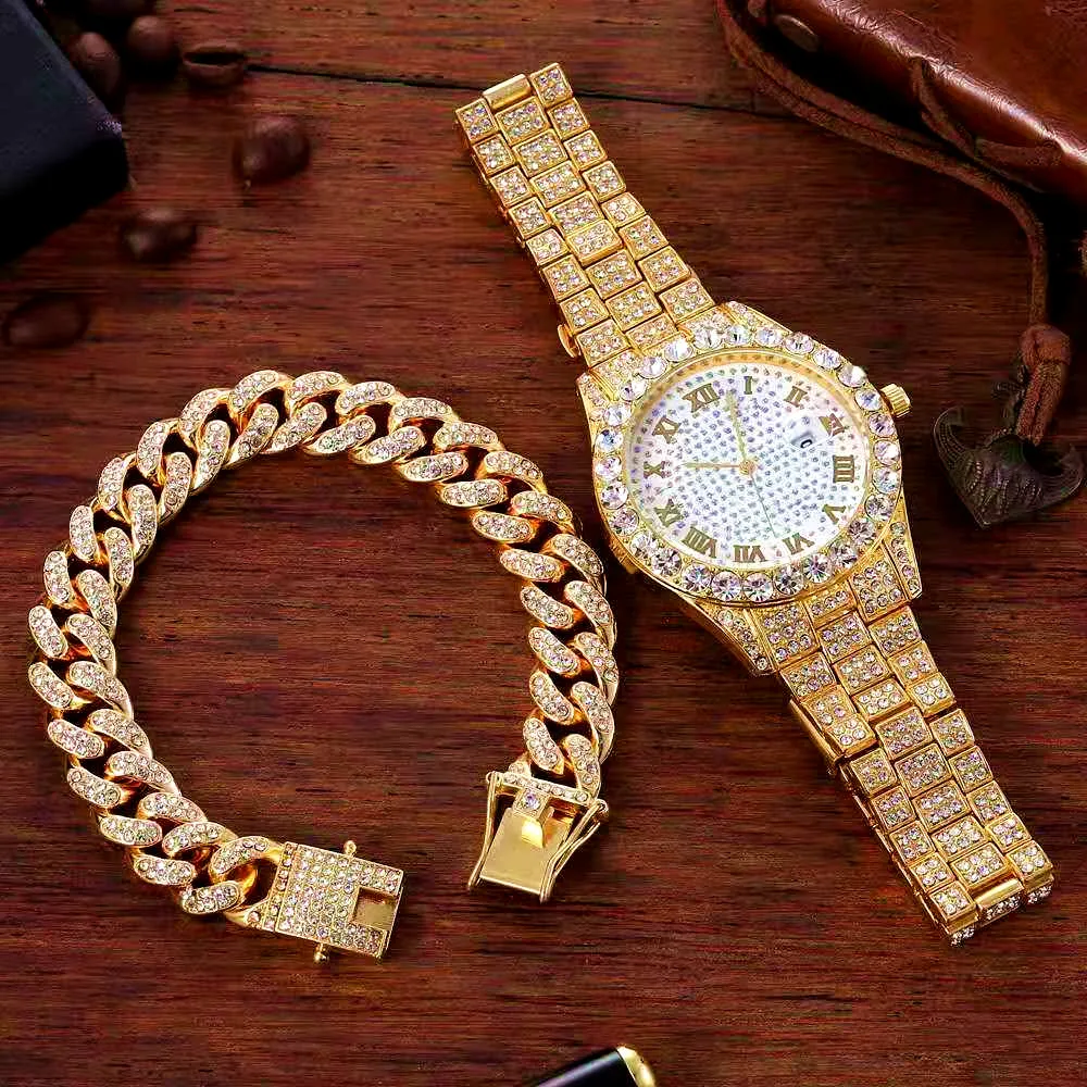 Iced Out Chain Bracelet Watches for Men Women Full Iced Out Watch Wrist Watch Hip Hop Jewelry Mens Watch Set Reloj Dropshipping