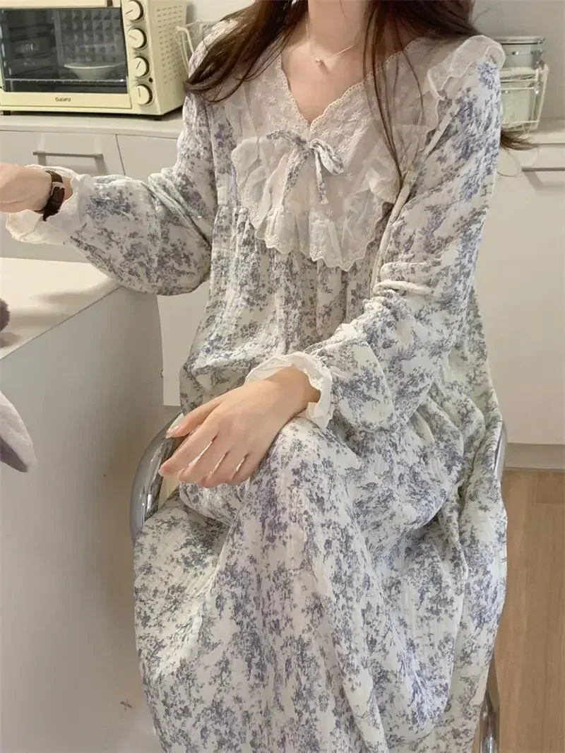 

Autumn Ruffle Women Lace Sleeve Neck Spring Long Princess Print Nightdress Home Cotton Gauze Floral Nightgown Sleepdress