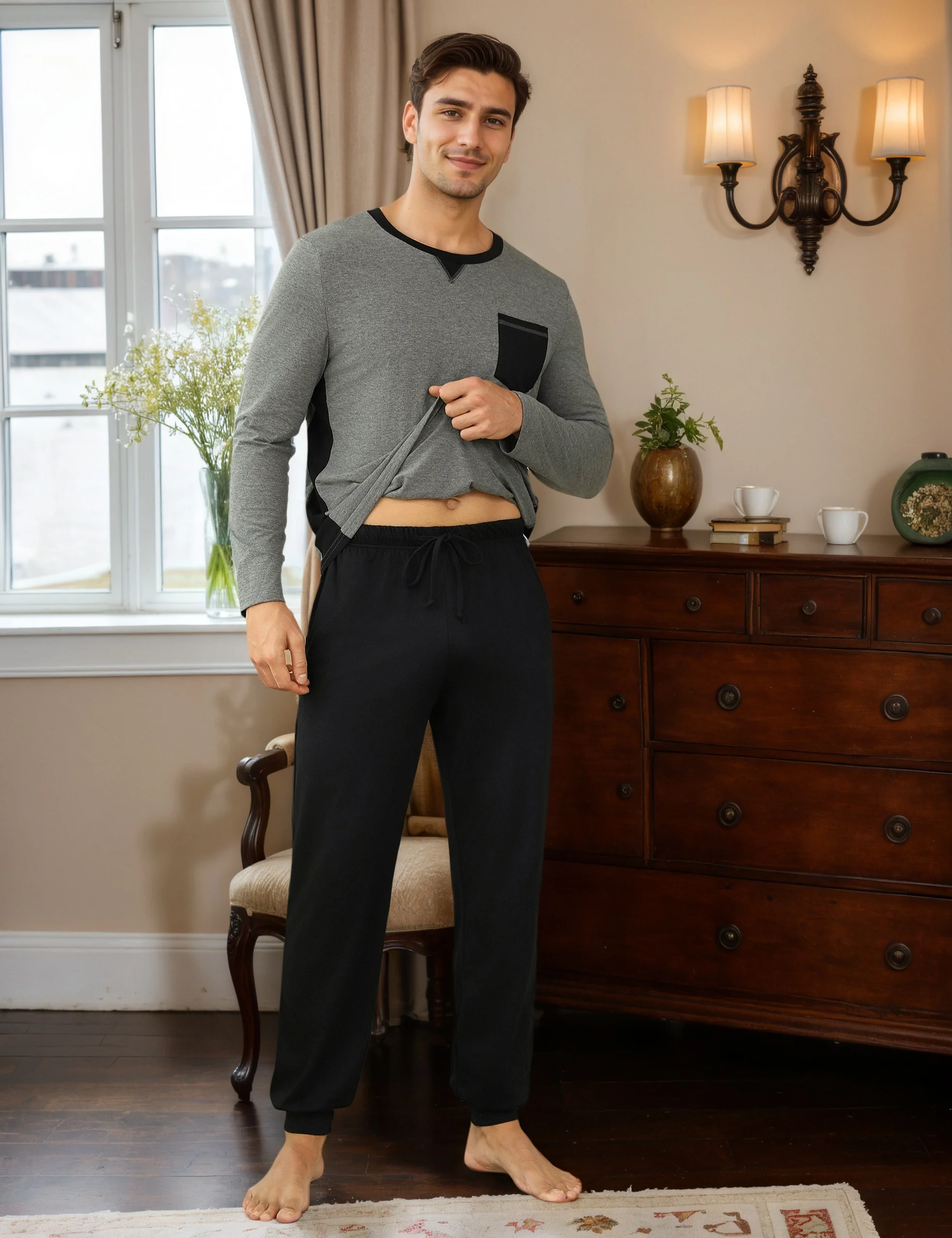 Zweiteiliges Winter-Pyjama-Set aus reiner Baumwolle für Herren, langes Loungewear-Set mit Rundhalsausschnitt, inklusive langärmligem Oberteil und langer Hose, Drei-Taschen-Design, geeignet zum Tragen zu Hause. – Detail 4