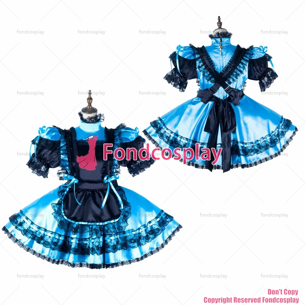 

Сексуальная одежда для взрослых fondcosplay, женская одежда, Короткое синее атласное платье с замком, черный фартук, костюм униформы, индивидуальный пошив [G2181]