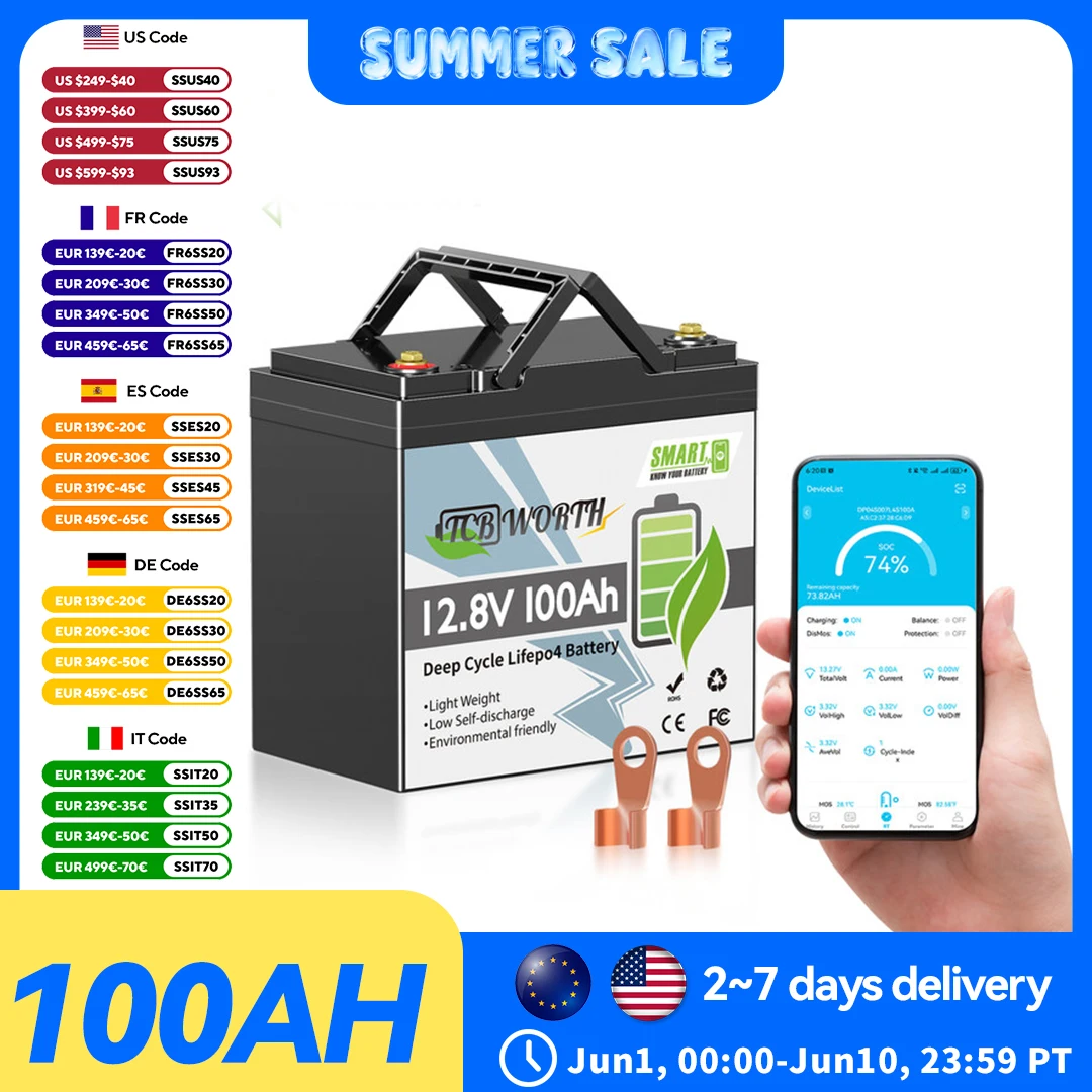 TCBWORTH 12V 100Ah LiFePO4 Bateria litowa z 100A BMS, ochrona przed niską temperaturą, ponad 7000 cykli do silników trollingowych, kamperów, systemów solarnych