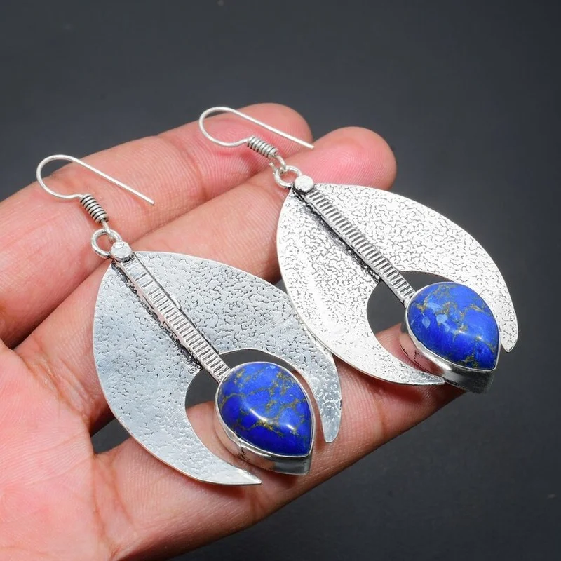 

Lapis Lazuli Hook Drop Earrings for Women Trend horn-shaped Fashion Antiqued Metal Big Earring Punk Jewelry Valentines Day Gifts