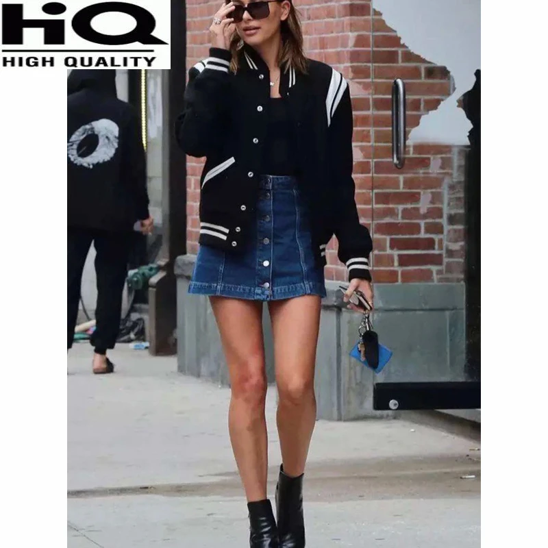 

Women High Street Casual Single Breasted Stand Collar Striped Patchwork Genuine Leather Wool Jacket