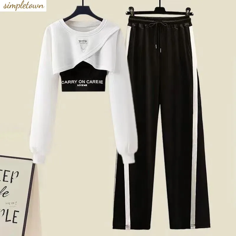 Spring Long Sleeved Set New Fashion Sweater Fake Two Piece Set Versatile High Waist Slimming Wide Leg Pants Three Piece Set fake taxi printing fashion 2023 new man s spring and autumn solid color cotton comfortable tracksuits sweatpants 2 piece set