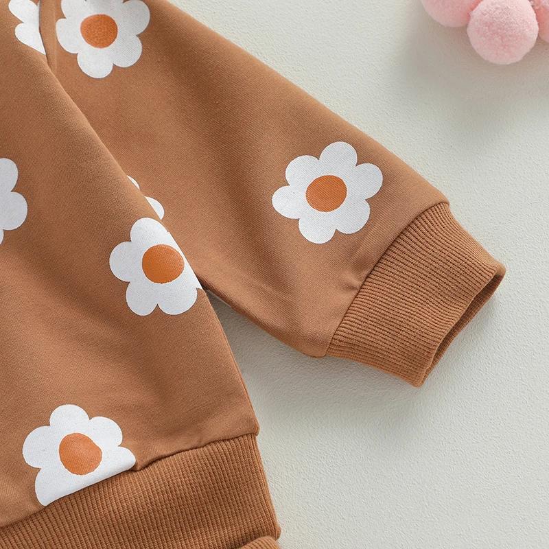 

Весенне-осенний костюм для маленьких девочек с круглым вырезом и цветочным принтом, одежда с длинными рукавами, пуловер, свитшот, брюки, комплект с эластичными карманами
