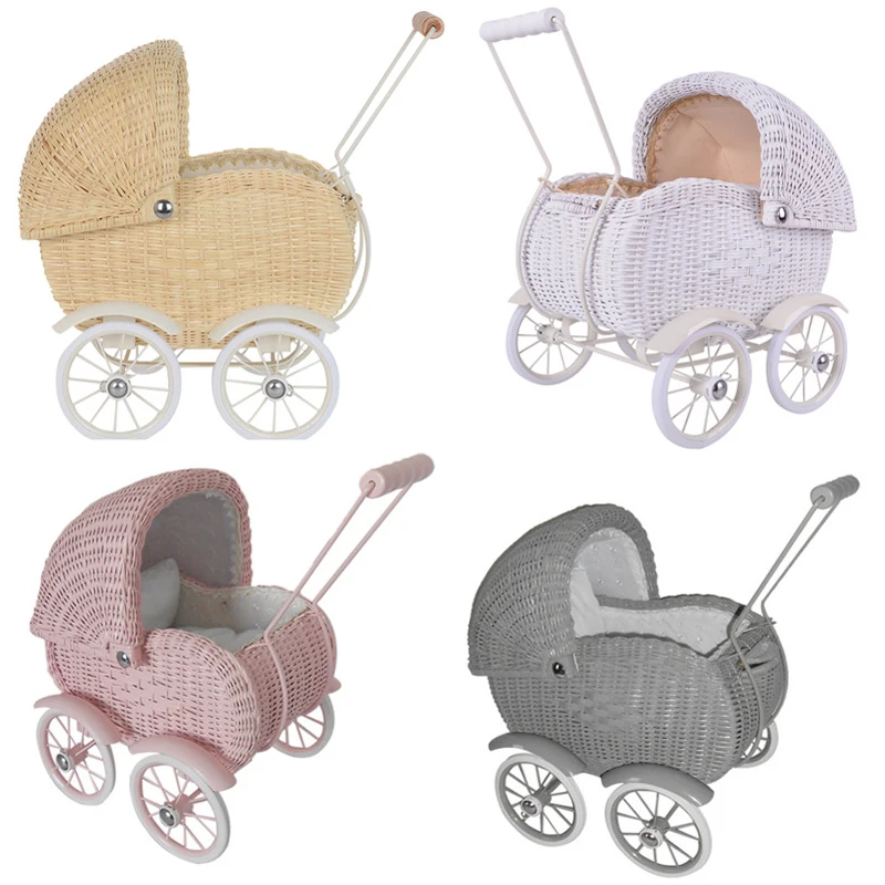 

Hxl Rattan Hand-Pushed Walker Hand-Held Walking Four-Wheel Toy Decoration Photo Props