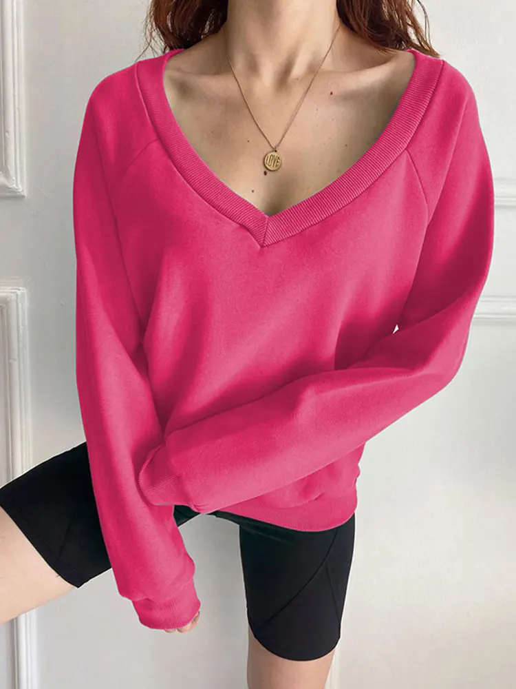 

Casual V-neck Skinny Pullover Women Sweatshirt Loose Solid Lantern Sleeve Basic Top Female 2023 Fashion Lady Streetwear Warm Top