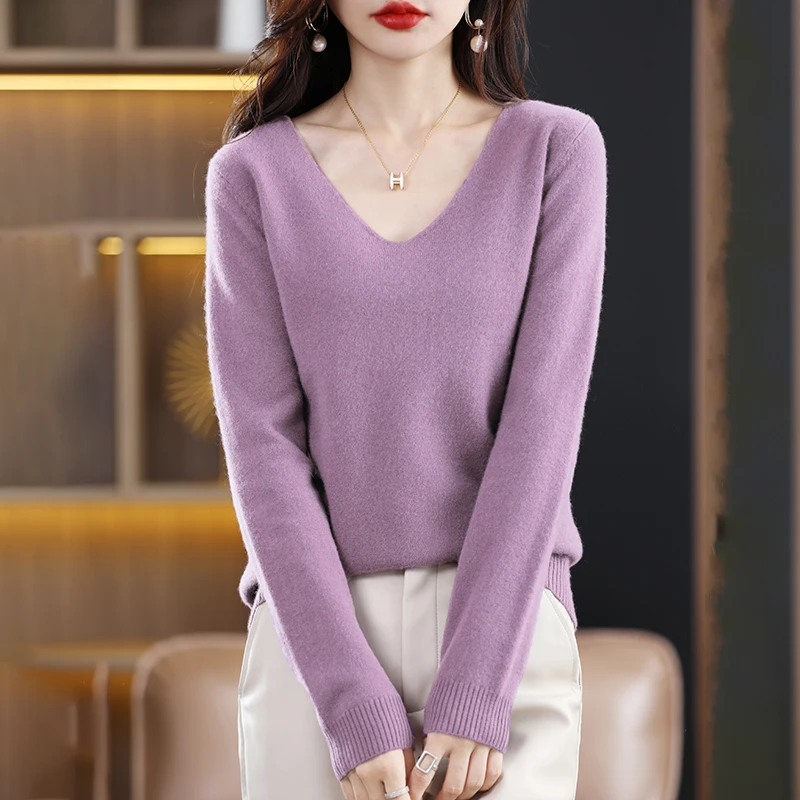 

Spring And Autumn 2023 New Fashion Knit Women's V-Neck Solid Color Long Sleeve Loose Sweater Top Base