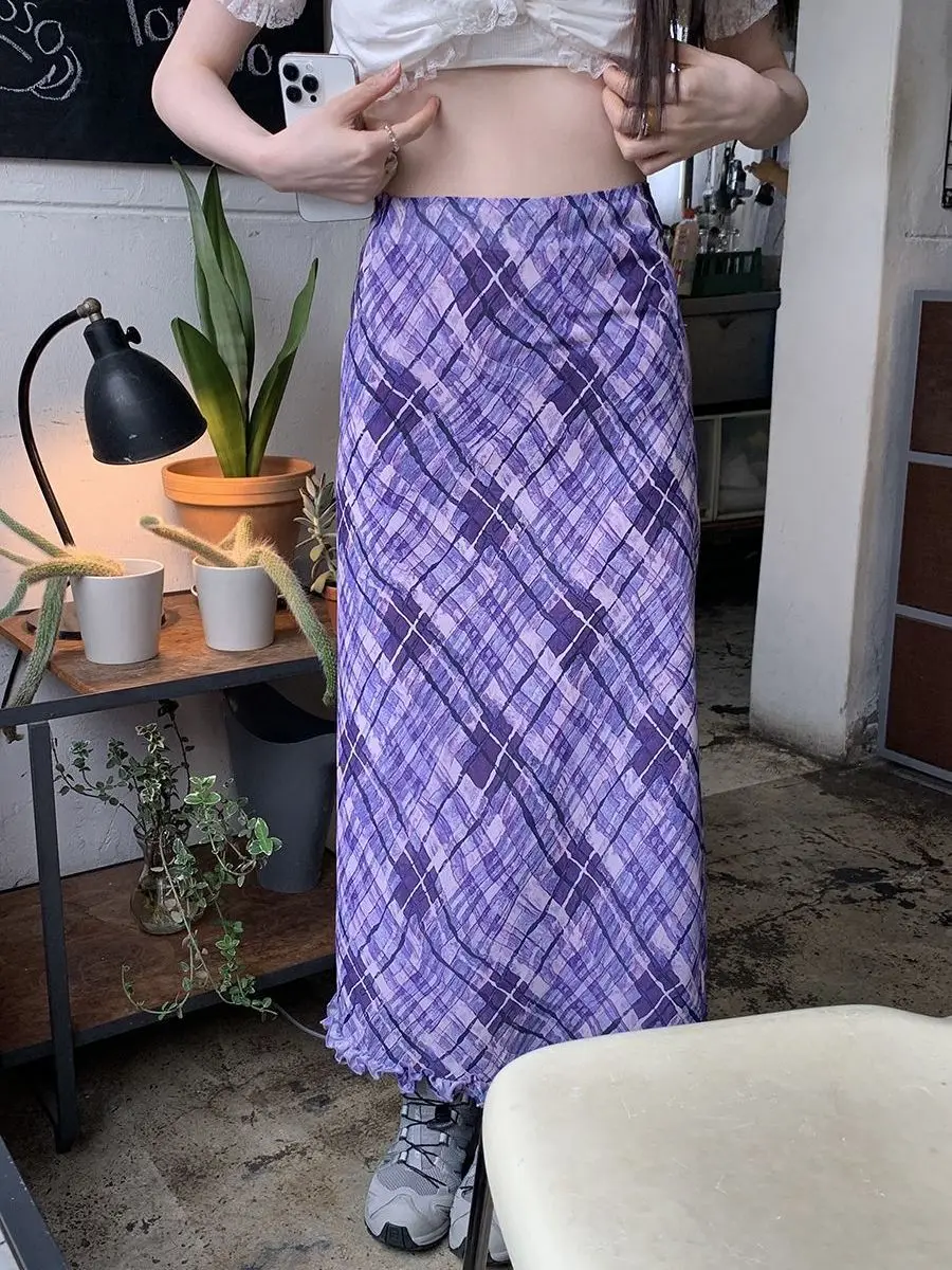 

Women's Purple Plaid Straight Sleeve Long Skirt Summer Autumn New Fashion Chic Young Girl Contrast A-line Ankle-length Skirt 4XL