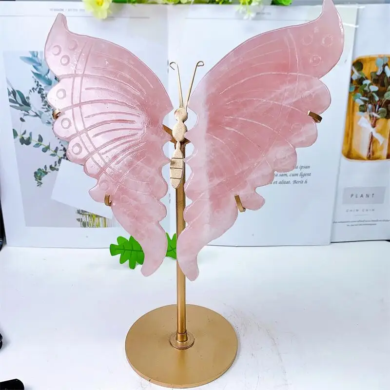 

Natural Rose Quartz Butterfly Wings Crystal Carving Healing Gemstone Crafts For Girl Birthday Present Decorations 1pair