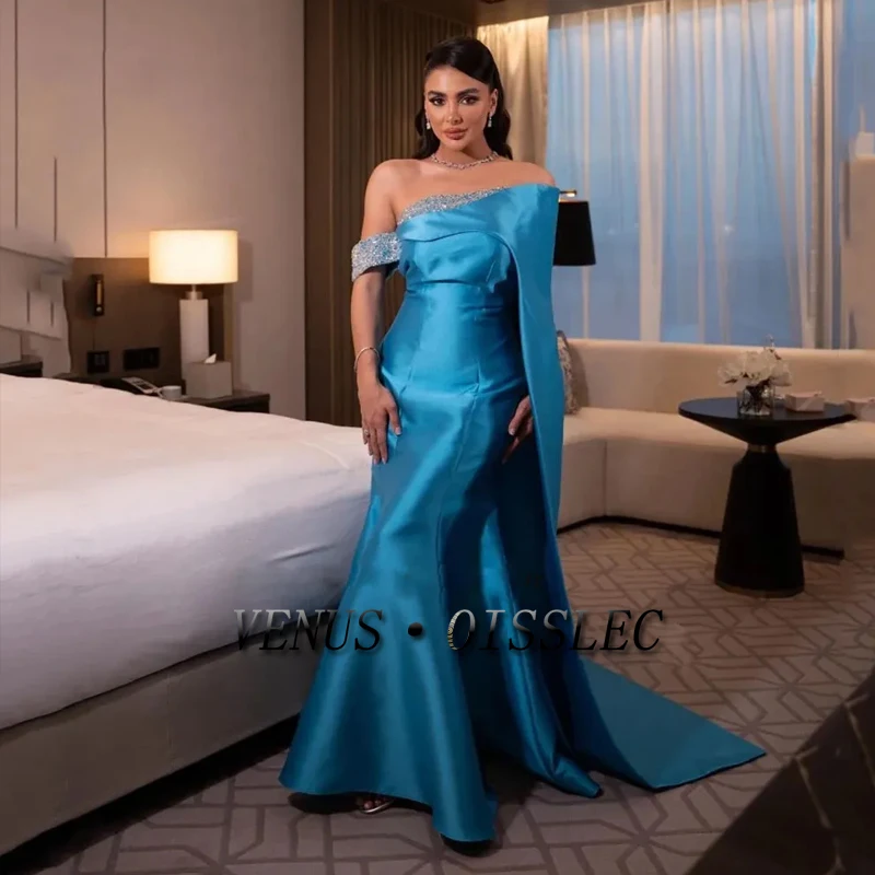 

VENUS Blue Mermaid Prom Evening Dress With Cape Off The Shoulder Ball Gowns Sparkly Sequined Party Dress فساتين للحفلات الراقصة