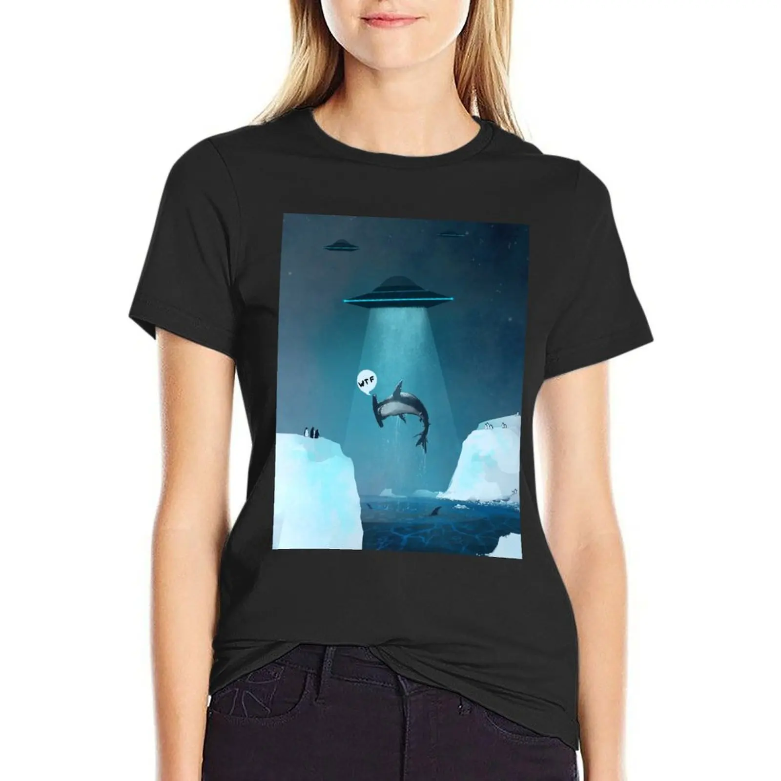 

ufo shark T-Shirt Female clothing Aesthetic clothing shirts graphic tees funny t shirts for Women