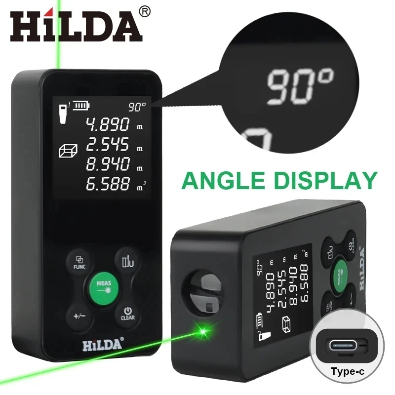 HILDA OZ043 50/100/120M Laser Rangefinder with Measurable Angle Laser Measure Green Light Laser Distance Digital Display Rechargeable