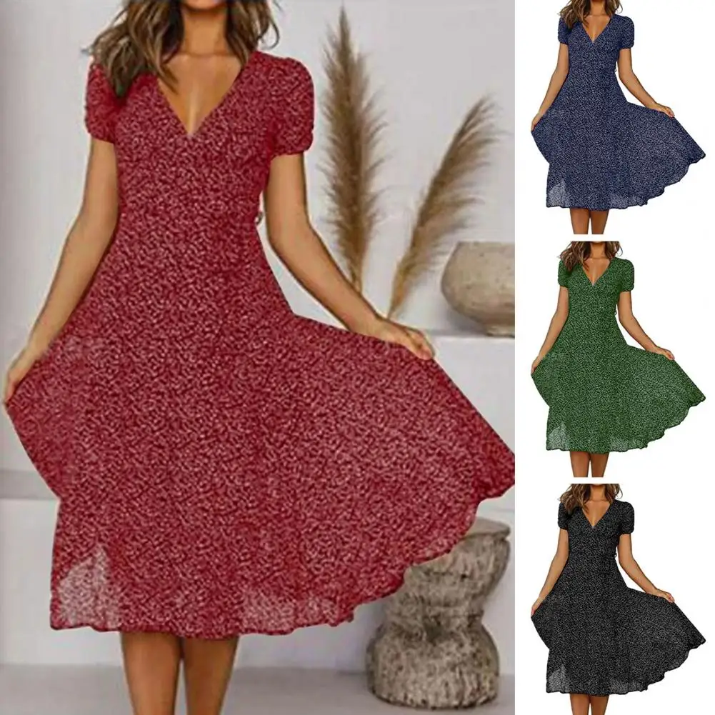 

Women Midi Dress V Neck Short Sleeves A-line Loose Hem Tight High Waist Mic-calf Length Vintage Lady Summer Beach Dress Vestidos
