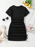 Robe longue décontractée pour filles, printemps-été 2026, à nœud froissé, couleur unie, manches courtes, col rond, idéale pour le quotidien et les voyages 1