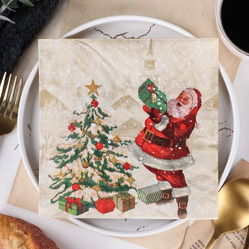 20Pcs/bag Cartoon Santa Claus Snowman Reindeer Paper Napkins Merry Christmas Theme Disposable Tissues for Christmas Party Decor