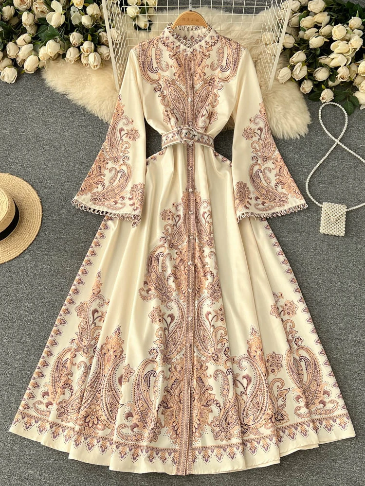 

Spring Autumn Retro Long Dress Women Standing Neck Flared Sleeve Printed Party Dresses Ladies Slim A-line Court Style Long Robe