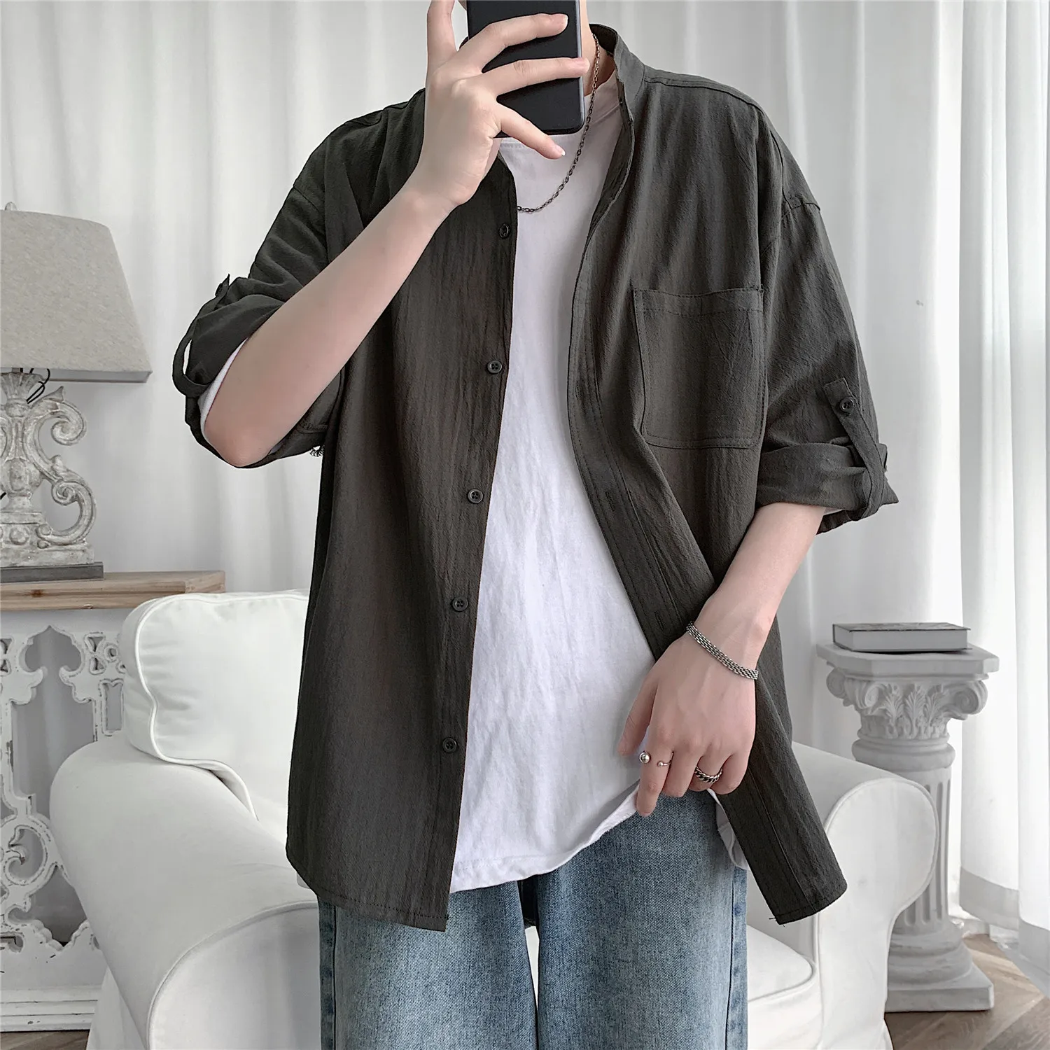

2023 Summer New Casual Men's Shirt Cotton Solid Color Three Quarter Shirts For Men