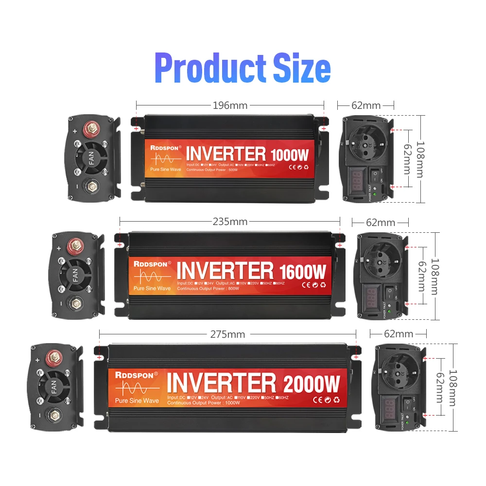 RDDSPON 순수 정현파 차량용 인버터 1000W 1600W 2000W 파워 솔라 인버터 DC 12V 24V에서 AC 220V 50Hz 60Hz 전압 변환기