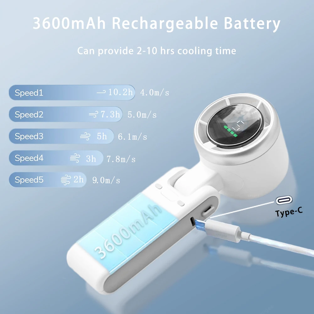 Portable Mini Fan 3600mAh Rechargeable Battery USB Fan Foldable Handheld Fan Turbo Bladeless Small Pocket Fan 5 Gear for Outdoor 3