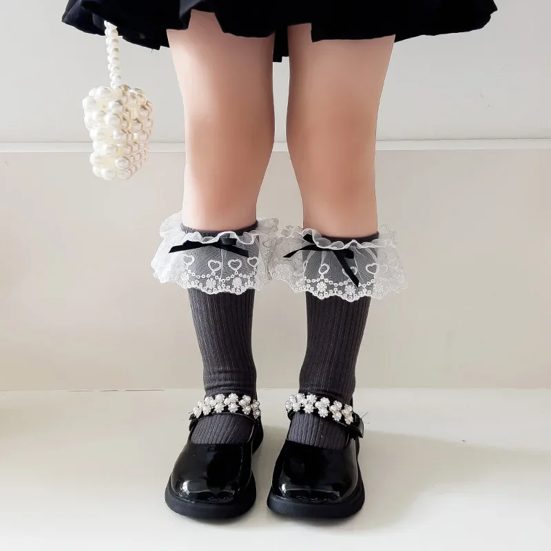Bow Princess Socks Solid Color Medium Tube Socks Girls Lace Socks Spring and Autumn Love Lace  Sweet Lolita
