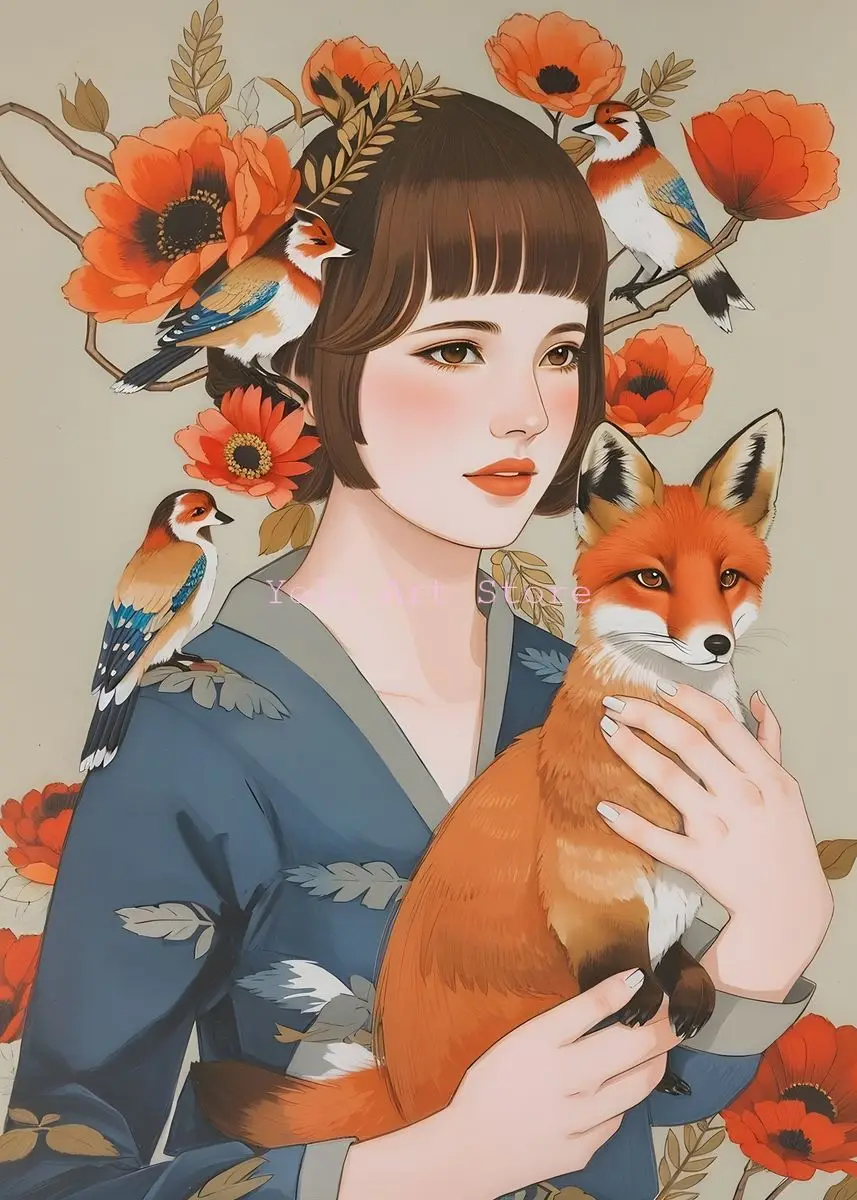 thumbnail image 1 of Póster y impresiones de mariposas y chicas de anime con flores samuráis japonesas modernas, impresión en lienzo, arte de pared, imagen para decoración de sala de estar y estudio, 1 of 5