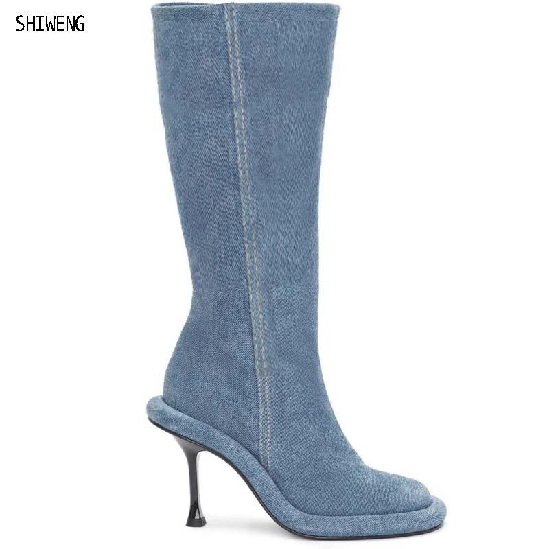 

New Denim Knee Boots Spring 2023 Women Round Toe High Heel Designer Shoes Street Style Hot Girl Long Boats Size 43