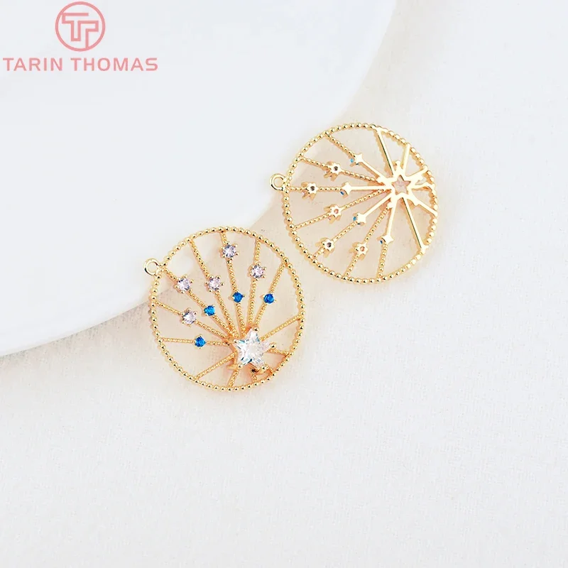 

(487)4PCS 20MM Hole 1MM 24K Gold Color Brass with Zircon Round Charm Pendants Hight Quality Jewelry Making Findings Accessories
