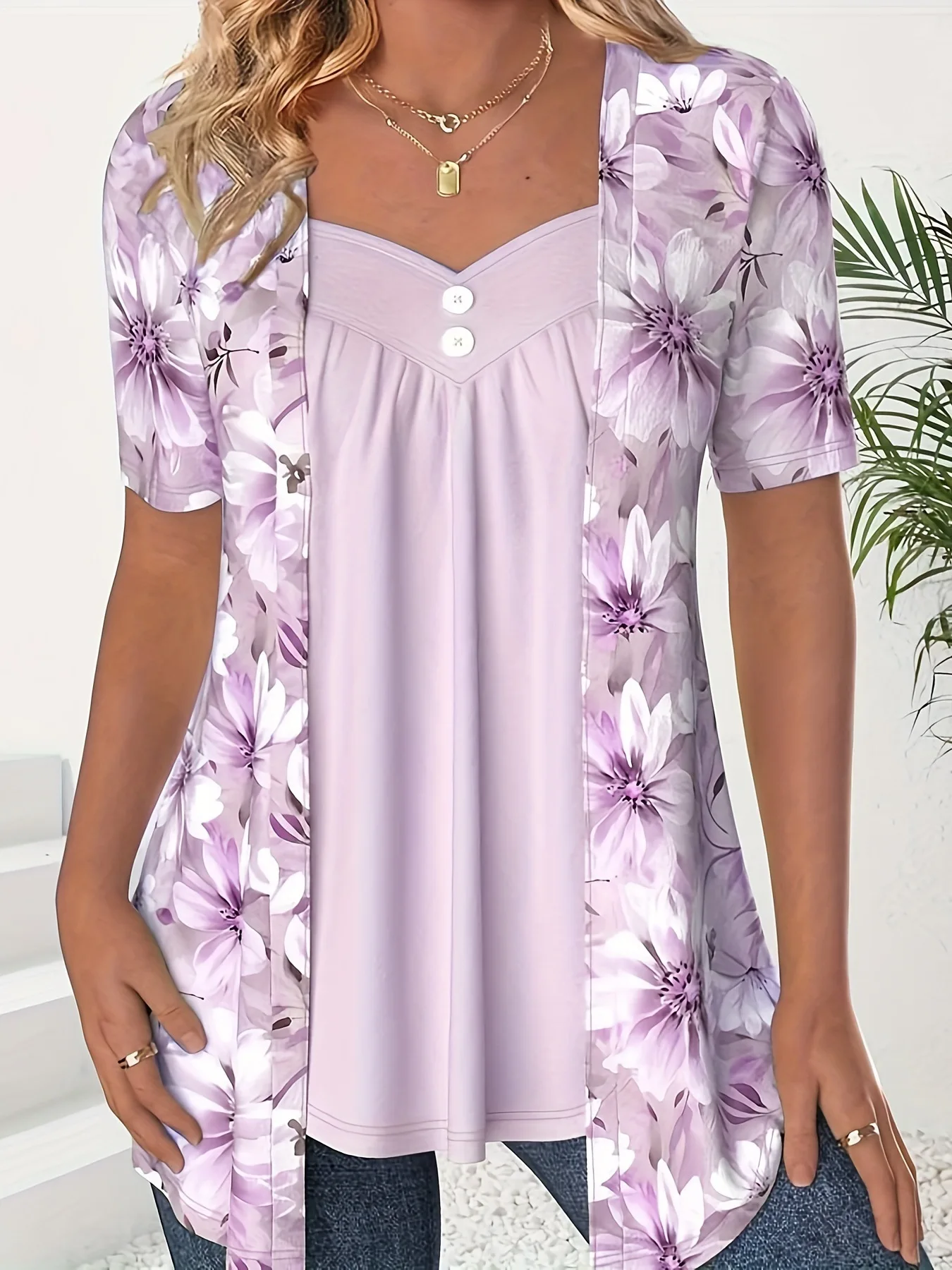 Large Sizes Women T Shirts Summer Fashion Casual Fake Two Piece Short Sleeve Loose Flower Print Patchwork Shirts Plus Size Tops 5