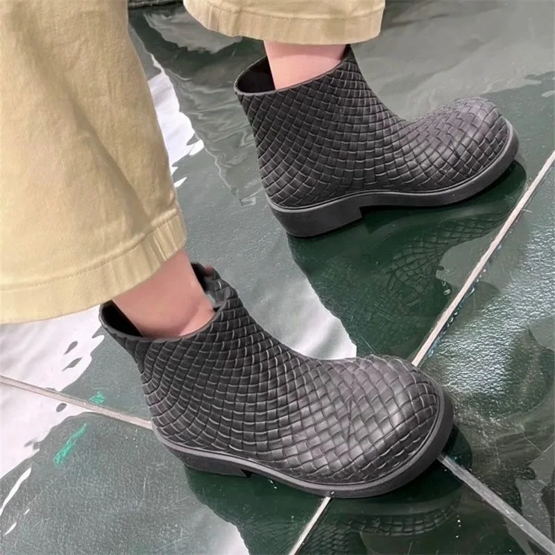 Spring Summer Women's Short Rain Boots Round Toe Increase Thick Sole Thick Low Heel Fashion Casual Rain Boots Weave Rain Boots
