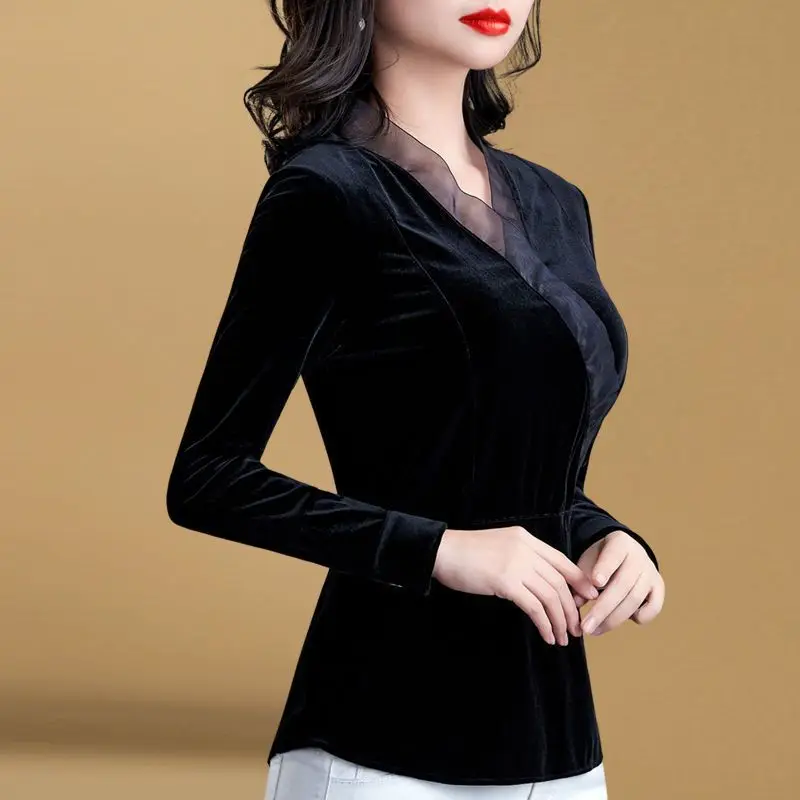 

Fashion Net Yarn Patchwork Solid V-neck Bottoming Shirt Women Clothing Spring Autumn New Slim Long Sleeve Shirts Elegant Vintage