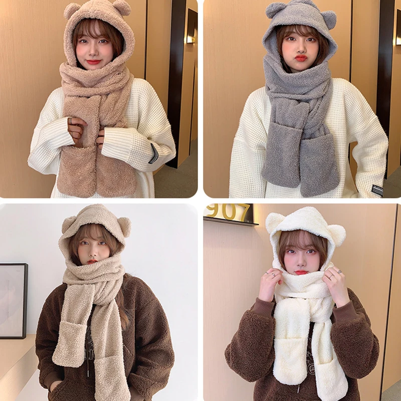 Autumn And Winter Cartoon Cute Bear Hat Scarf Three-in-one Korean Style Hat Warm And Comfortable Ear Protection All-in-one Hat 5