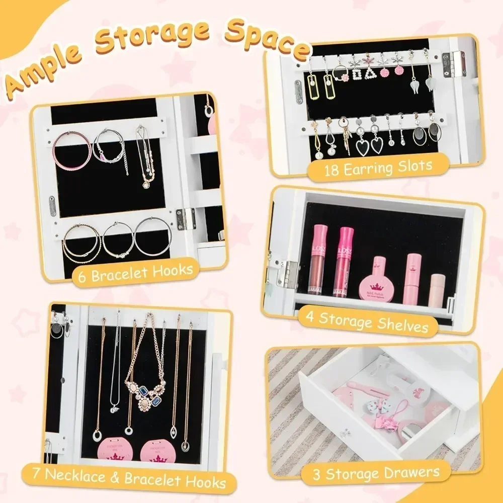 Kids Jewelry Armoire Cabinet, 2-Angle Tilting Wooden Standing Jewelry Organizer with Full-length Mirror and Storage Drawers 2