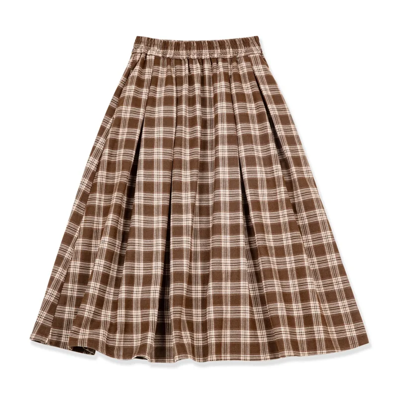 Maden Women's American Plaid Pocket Half Skirt Loose Relaxed Slim High Vintage Plaid Long Umbrella Skirt Autumn