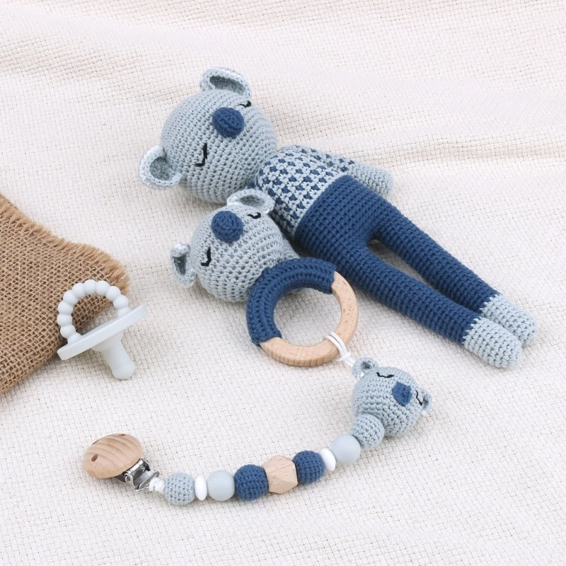 

Crochet Rattle Toy Baby Teething Gift Infant Knitting Bead Pacifier Clip 3Pcs