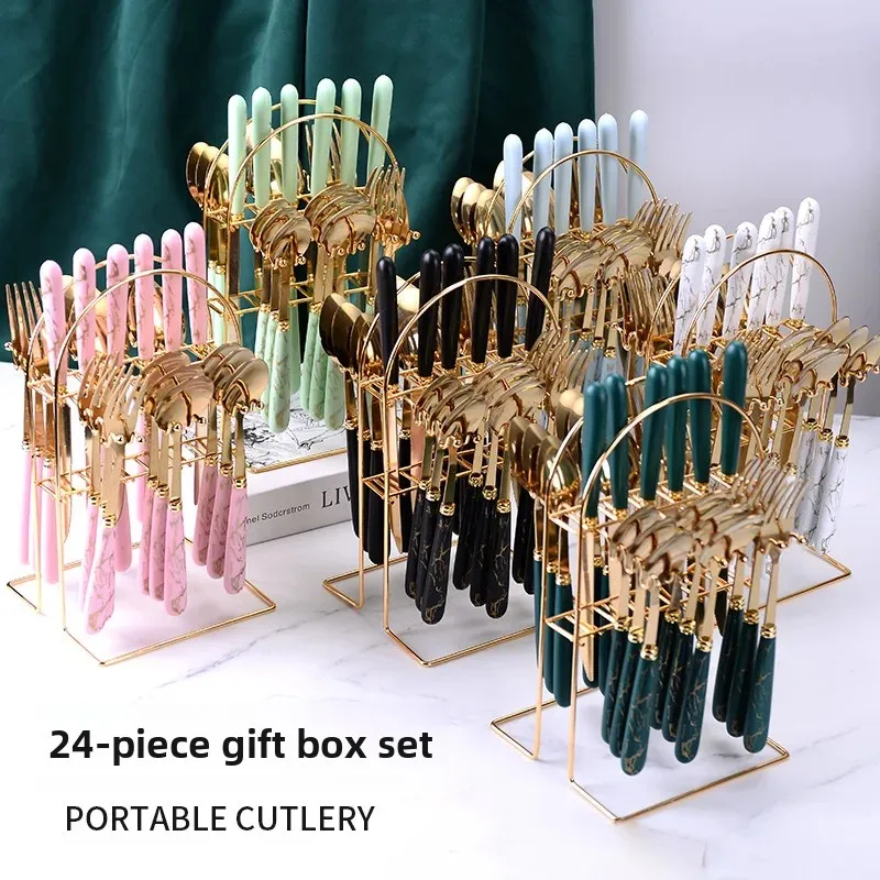 Amazon Cross-Border Marble 24-Piece Set Gift Box Dining Tableware Rack Plastic Handle Stainless Steel Knife Fork Spoon Nordic St