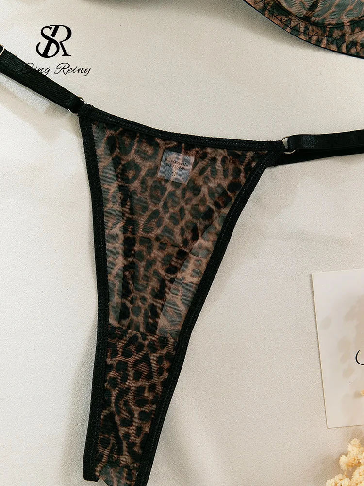 SINGREINY Transparent Mesh Bra Brief Sets Female Strap Sheer Bra+Erotic Thongs Korean Style Leopard Print Sexy Lingerie Sets